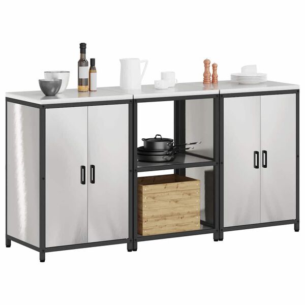 vidaXL K&oslash;kkenopbevaringss&aelig;t med hylde med d&oslash;r 3 pcs S&oslash;lv Rustfrit st&aring;l