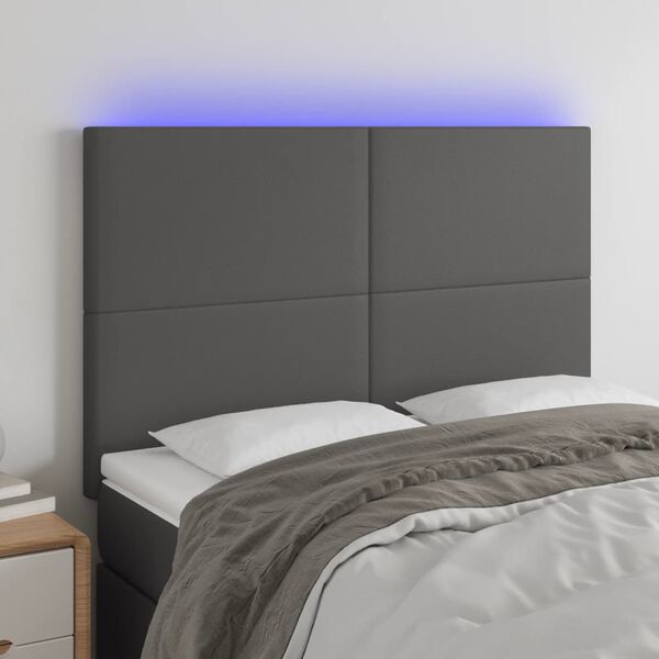 vidaXL sengegavl med LED-lys 144x5x118/128 cm kunstl&aelig;der gr&aring;
