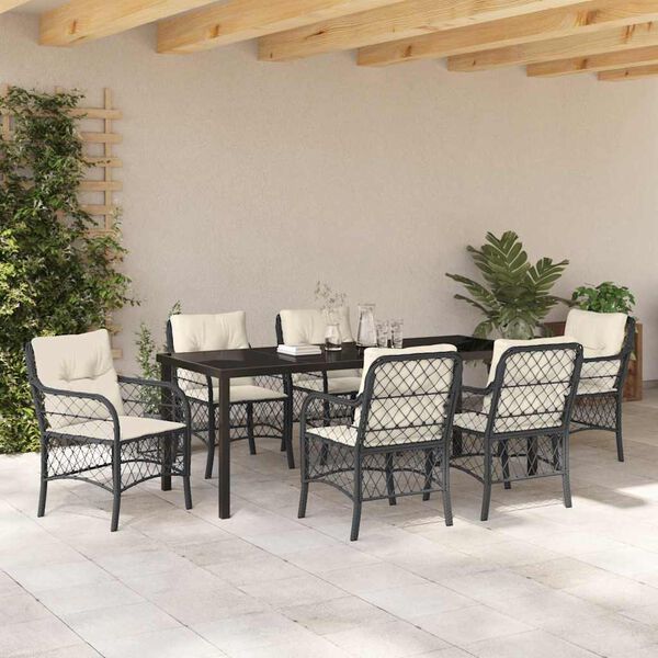 vidaXL Have Spisebordss&aelig;t med pude 7 pcs Sort polyrattan
