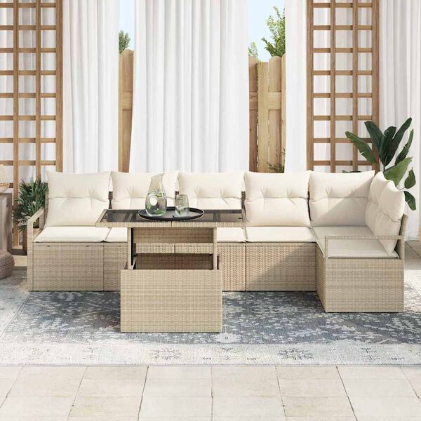 vidaXL Havesofa Sæt med pude 7 pcs Beige Poly rattan