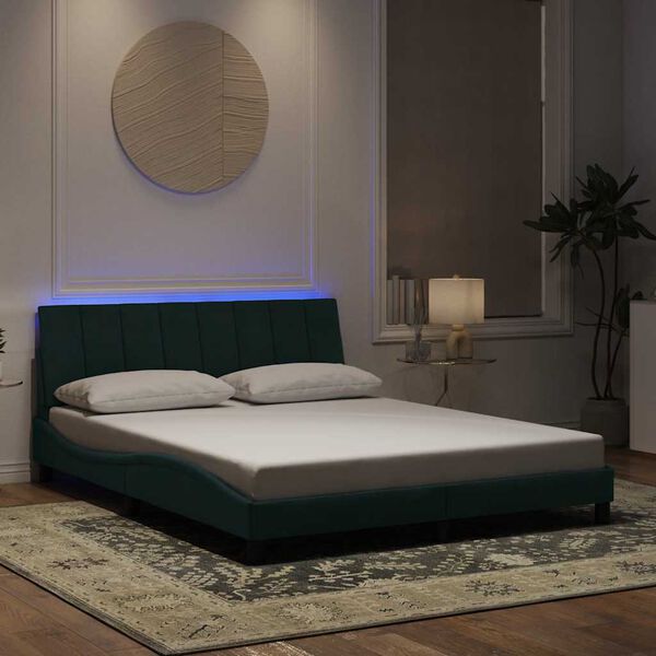 vidaXL sengeramme med LED uden madras Hanko 160x200 cm velour mørkegrøn