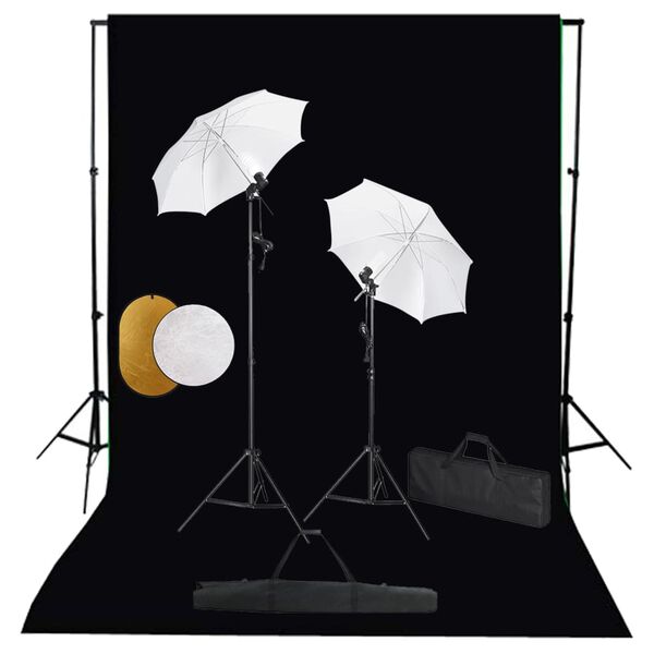 vidaXL fotostudieudstyr med lamper, paraplyer, baggrund og reflektor