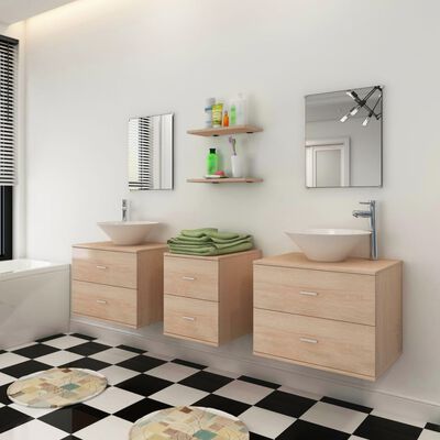 vidaXL sæt med badeværelsesmøbler m/håndvask + vandhane 9 dele beige