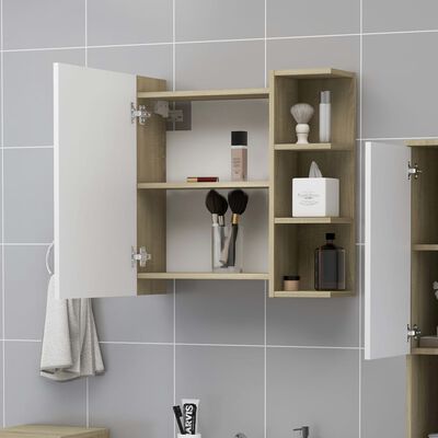 vidaXL badeværelsesskab spejl 62,5x20,5x64 cm spånplade hvid sonoma-eg