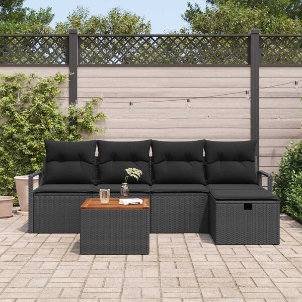 vidaXL Havesofa S&aelig;t med pude med opbevaring 6 pcs Sort Poly rattan