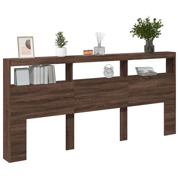 vidaXL sengegavl med opbevaring og LED-lys 220x17x102 cm brunt eg