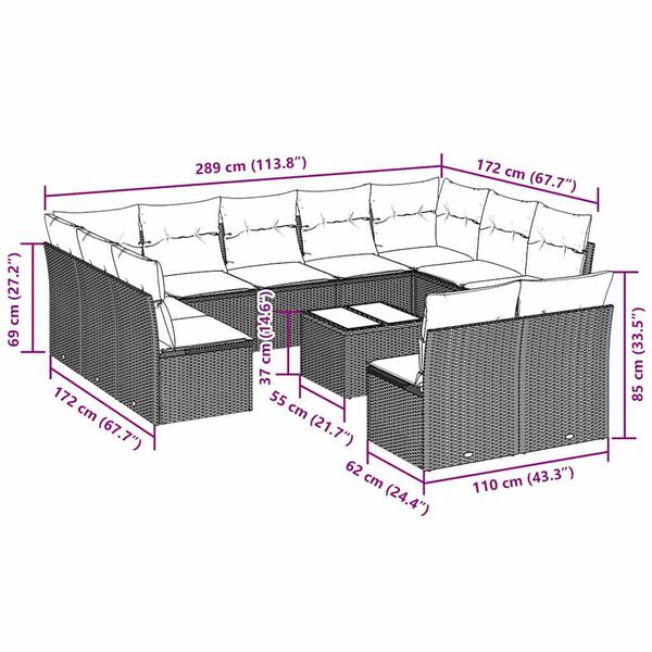vidaXL sofasæt til haven 12 dele med hynder polyrattan lysegrå