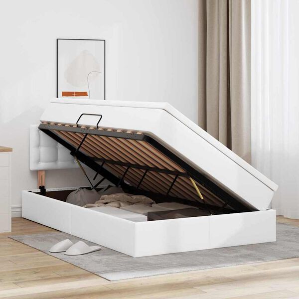 vidaXL Seng med opbevaring og LED Ren Hvid 120 x 200 cm Faux l&aelig;der