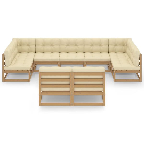 vidaXL lounges&aelig;t til haven 9 dele + hynder massivt fyrretr&aelig; gyldenbrun