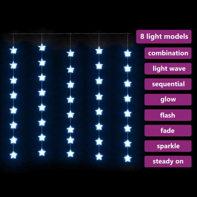 vidaXL LED-lysgardin med stjerner 200 LED'er 8 funktioner blåt lys