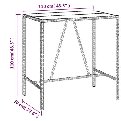 vidaXL barbord med glasplade 110x70x110 cm polyrattan grå