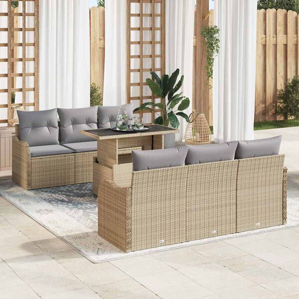 vidaXL Havesofa S&aelig;t med pude med opbevaring 7 pcs Beige Poly rattan