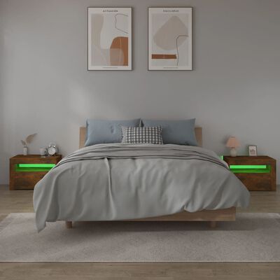 vidaXL sengeborde med LED-lys 2 stk. 60x35x40 cm røget eg