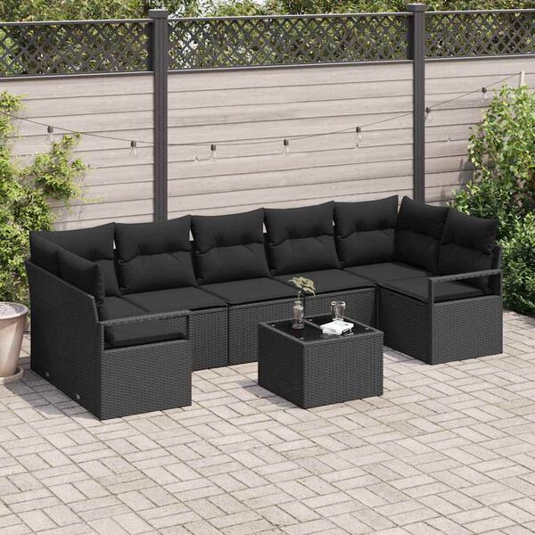 vidaXL Havesofa Sæt med pude 8 pcs Sort Polyrattan og stål og glas