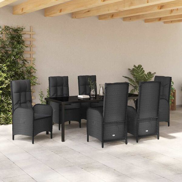 vidaXL Have Spisebordss&aelig;t med pude 7 pcs Sort polyrattan