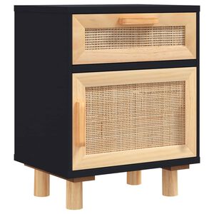 vidaXL sengebord massivt fyrretr&aelig; og naturlig rattan sort