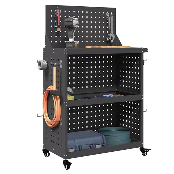 vidaXL V&aelig;rkt&oslash;jsvogn med hylde Sort 65 x 35 x 111 cm Koldvalset st&aring;l