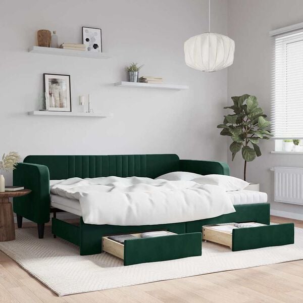 vidaXL daybed med udtr&aelig;k og skuffer 90x200 cm velour m&oslash;rkegr&oslash;n