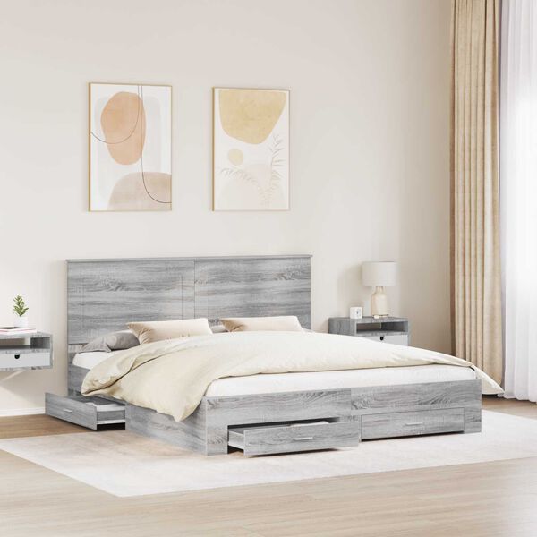 vidaXL Sengestel med skuffe Gr&aring; Sonoma 200 x 200 cm Konstrueret tr&aelig;