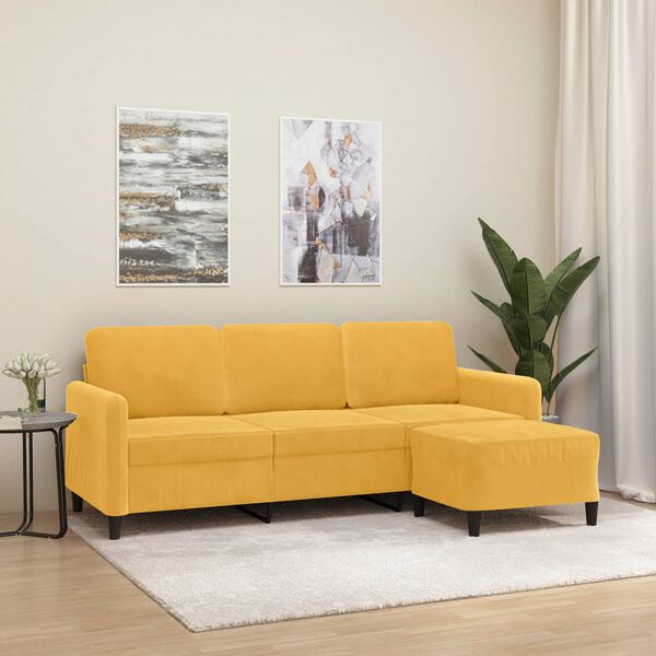vidaXL 3-personers sofa med fodskammel 180 cm velour lysegul