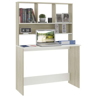 vidaXL skrivebord med hylder 110 x 45 x 157 cm spånplade hvid sonoma-eg