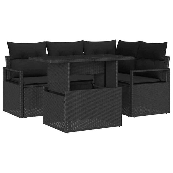 vidaXL Havesofa S&aelig;t med pude med opbevaring 5 pcs Sort Poly rattan