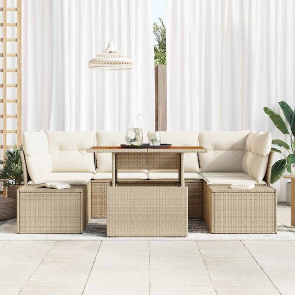 vidaXL Havesofa S&aelig;t med opbevaring 7 pcs Beige Poly rattan