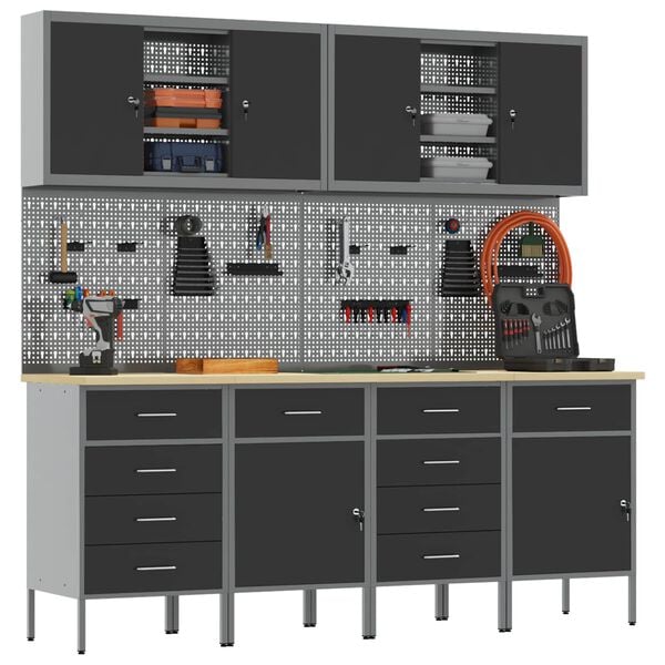 vidaXL Arbejdsskab med skuffe med l&aring;s 10 pcs Sort Ingeni&oslash;rtr&aelig; og st&aring;l
