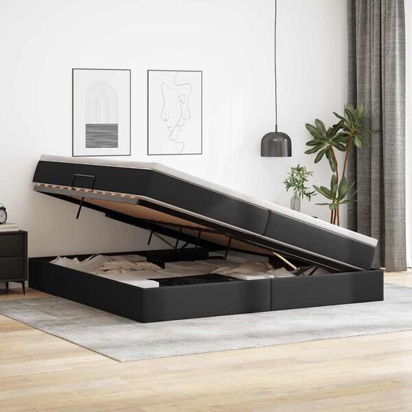 vidaXL Seng med opbevaring og madras Sort 200 x 200 cm Faux læder