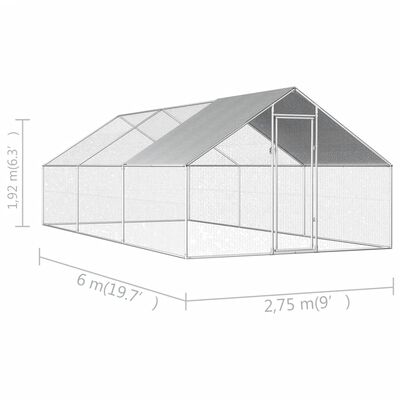 vidaXL udendørs hønsebur 2,75x6x1,92 m galvaniseret stål