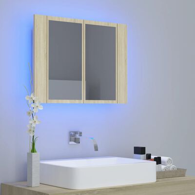 vidaXL badeværelsesskab m. spejl og LED-lys 60x12x45cm akryl sonoma-eg