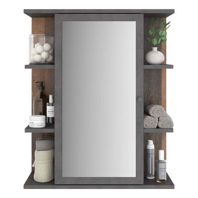 FMD badeværelsesskab med spejl grå og mørkt træ