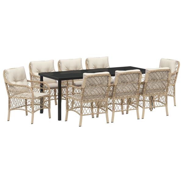 vidaXL Have Spisebordss&aelig;t med pude 9 pcs Beige polyrattan