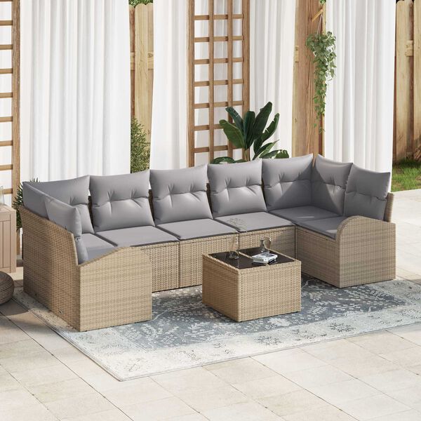 vidaXL Havesofa S&aelig;t 8 pcs Beige og gr&aring; Polyrattan og st&aring;l og glas