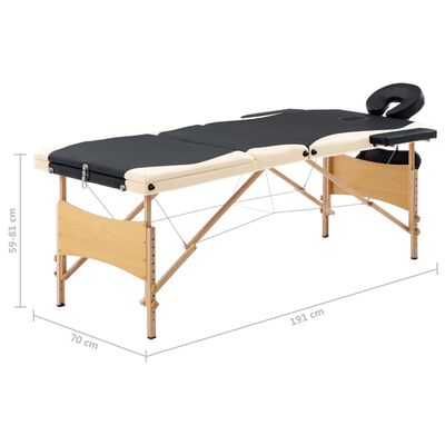 vidaXL sammenfoldeligt massagebord med træstel 3 zoner sort og beige