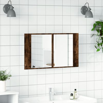 vidaXL badeværelsesskab m. spejl og LED-lys 80x12x45 cm akryl røget eg
