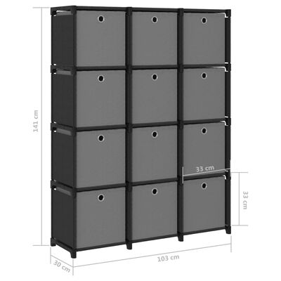 vidaXL displayreol med 12 rum og kasser 103x30x141 cm stof sort