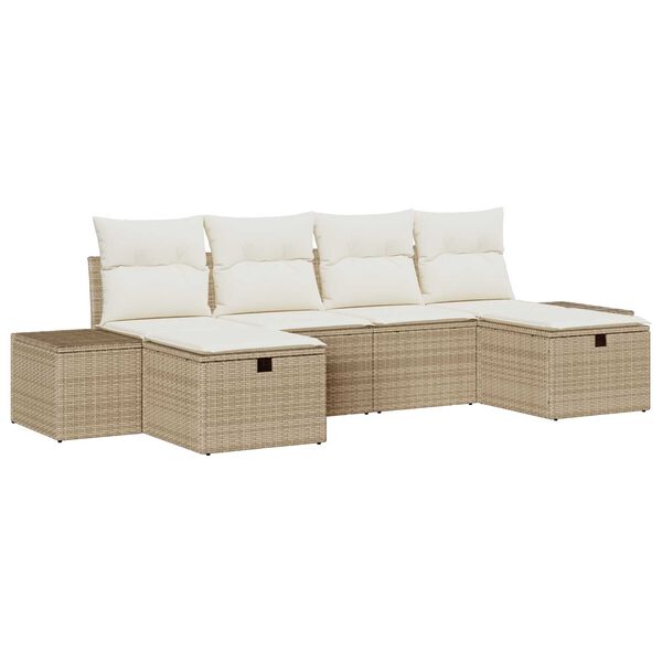 vidaXL Havesofa S&aelig;t med pude med opbevaring 6 pcs Beige polyrattan