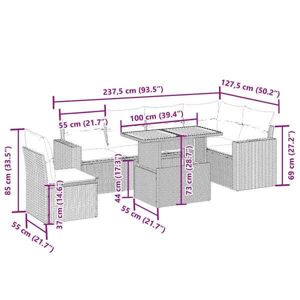 vidaXL sofas&aelig;t til haven 7 dele med hynder polyrattan beige