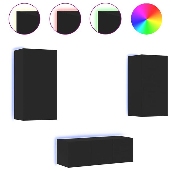 vidaXL tv-m&oslash;bel til v&aelig;g 4 dele med LED-lys konstrueret tr&aelig; sort