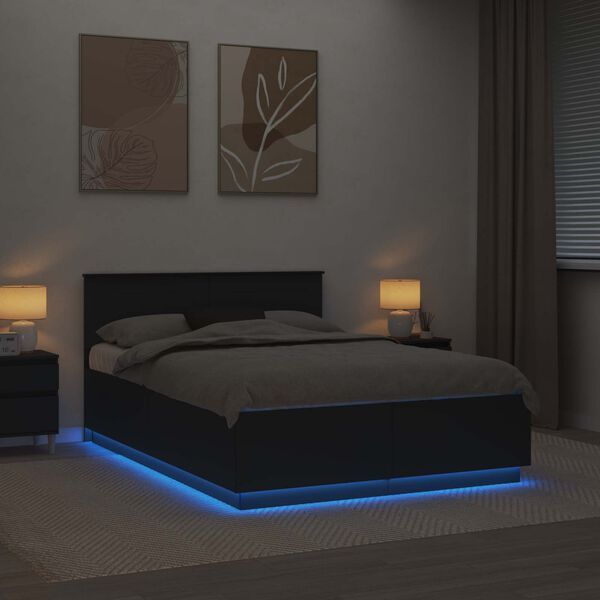 vidaXL Sengestel med LED-lysstrimler Sort 150 x 200 cm Konstrueret tr&aelig;
