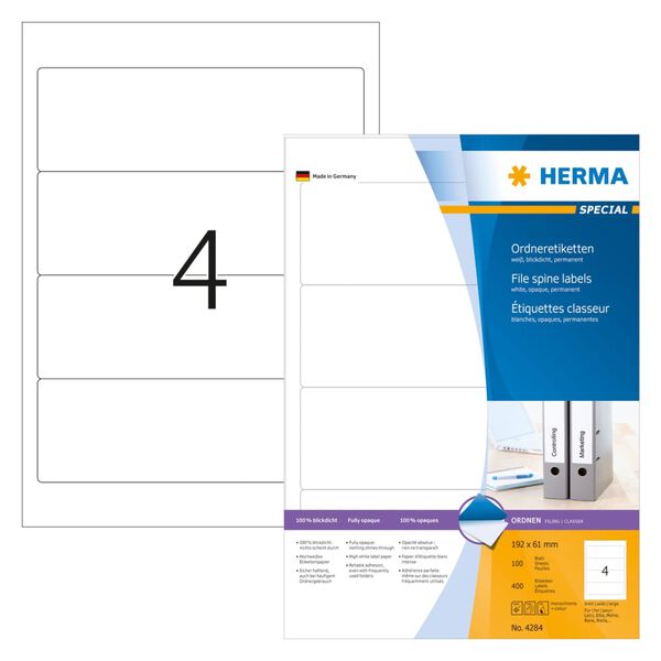 HERMA permanente rygetiketter A4 192x61 mm 100 ark uigennemsigtig hvid