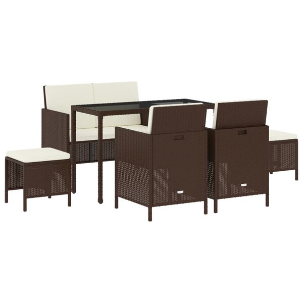 vidaXL spisebordssæt til haven 6 dele med hynder polyrattan brun