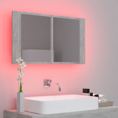 vidaXL badeværelsesskab m. spejl og LED-lys 80x12x45 cm akryl betongrå