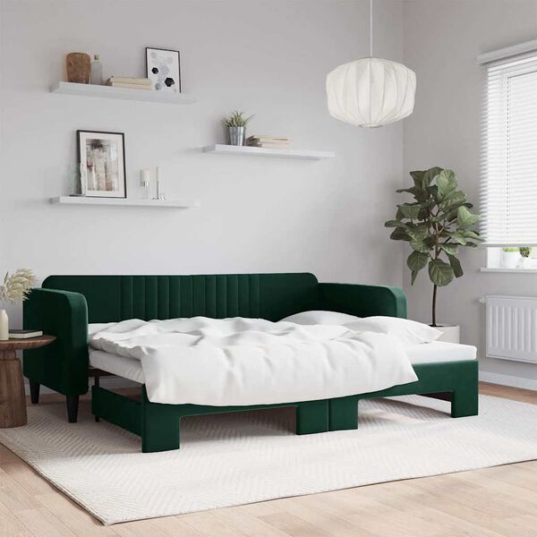vidaXL daybed med udtr&aelig;k 90x200 cm velour m&oslash;rkegr&oslash;n