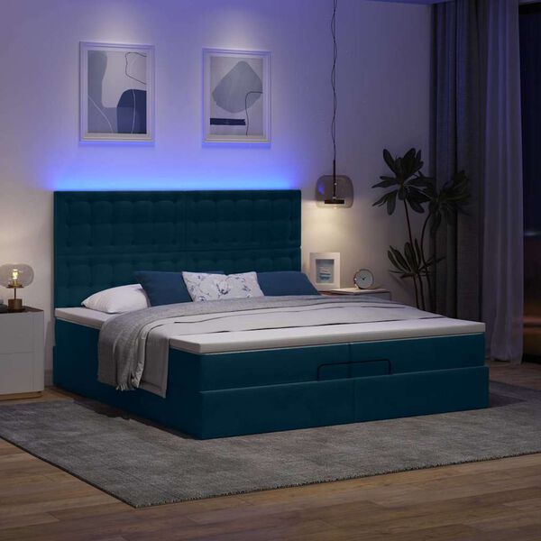 vidaXL Ottoman seng med madrasser & LEDs M&oslash;rkebl&aring; 200x200cm Fl&oslash;jl