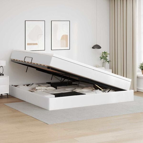 vidaXL Seng med opbevaring og madras Hvid 200 x 200 cm Faux l&aelig;der