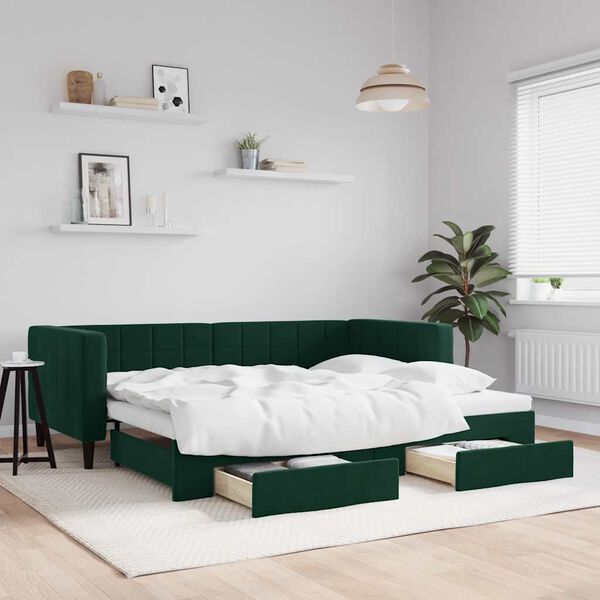 vidaXL daybed med udtr&aelig;k og skuffer 80x200 cm velour m&oslash;rkegr&oslash;n