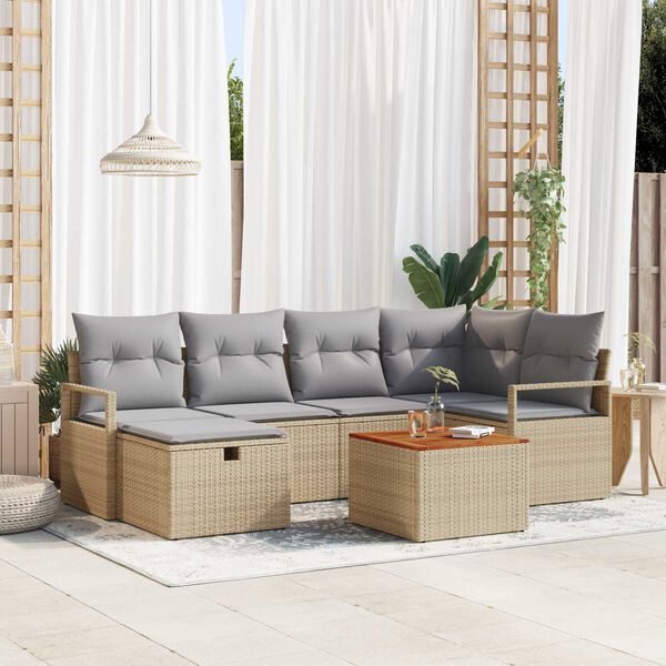 vidaXL Havesofa Sæt med pude med opbevaring 7 pcs Beige Poly rattan