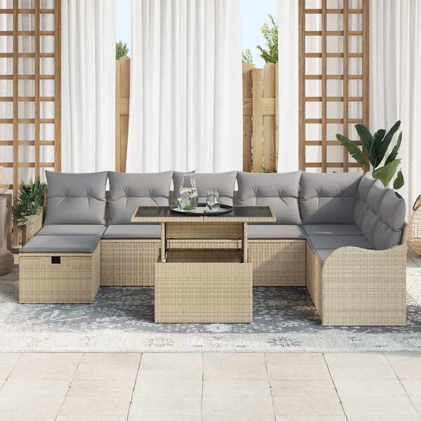 vidaXL Havesofa S&aelig;t med pude med opbevaring 9 pcs Beige Poly rattan